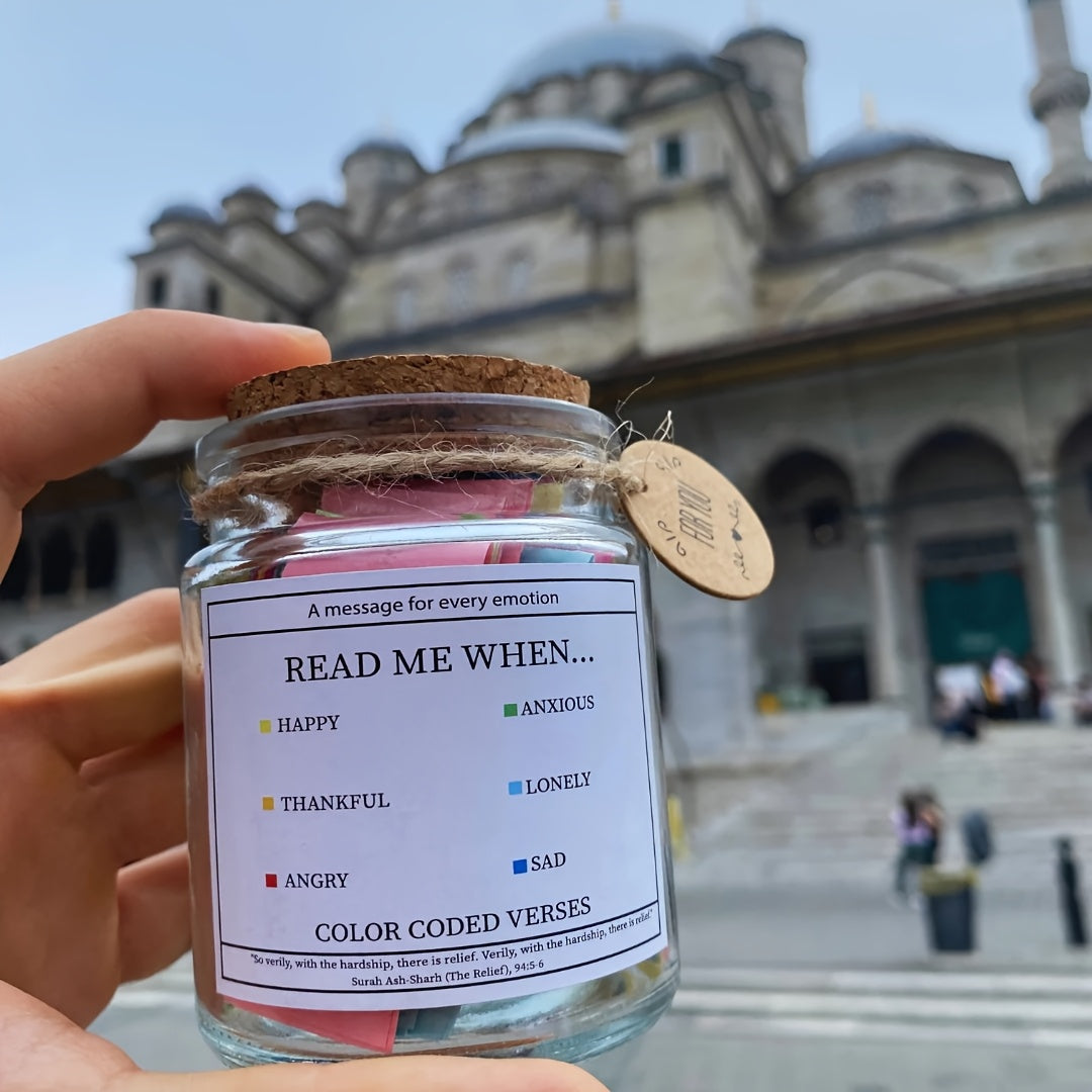 A Quranic verse bottle with 90 inspirational verse notes