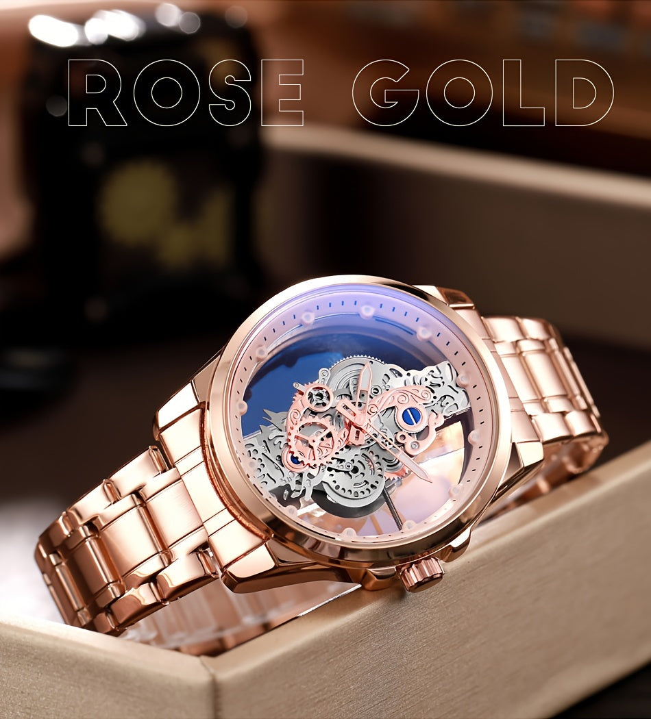 Men's Rose Golden Skeleton Luminous Quartz Watch