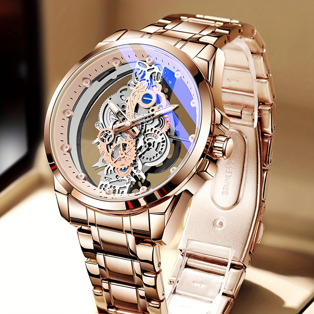 Men's Rose Golden Skeleton Luminous Quartz Watch