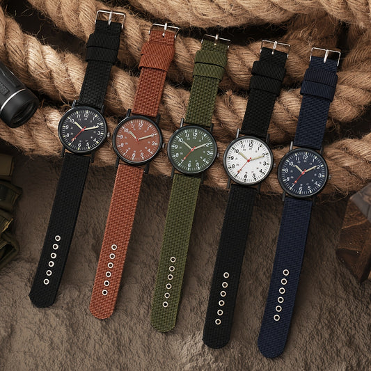 5pcs Men's Nylon Strap Quartz Watch Set