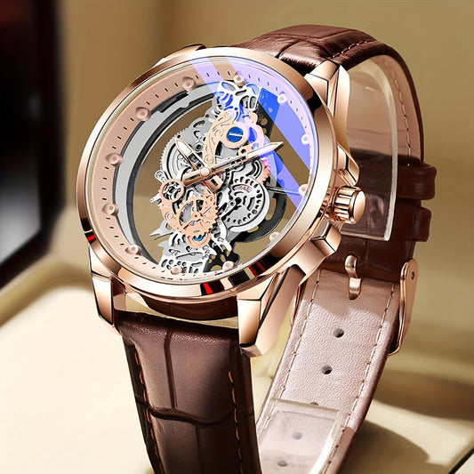 Men's Rose Golden Skeleton Luminous Quartz Watch